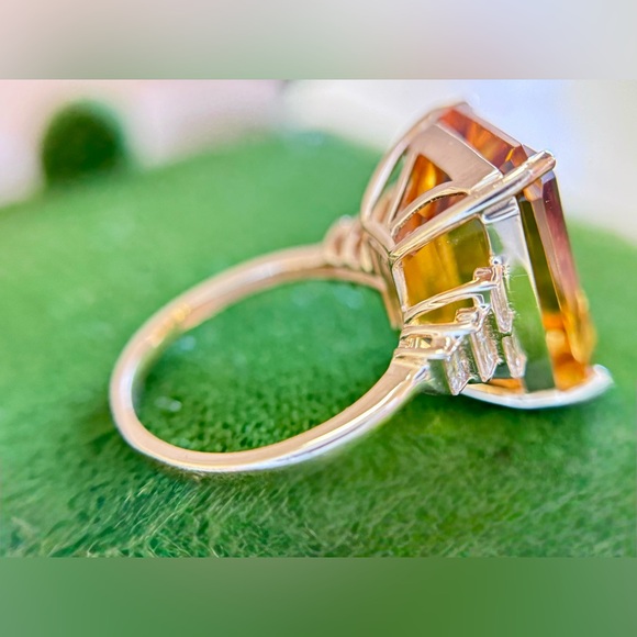 Large Citrine Emerald Cut Diamond Cocktail Ring 14k Yellow Gold - Picture 10 of 16
